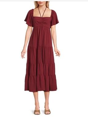 GB Burgundy halter Tie Neck Short Sleeve Tiered Maxi Dress